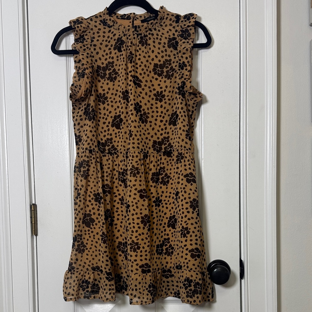 Forever 21 Tan Black Floral Polka Dot Dress Small Ruffle Sleeves Lined - Picture 3 of 10